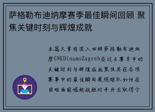 萨格勒布迪纳摩赛季最佳瞬间回顾 聚焦关键时刻与辉煌成就 萨格勒布迪纳摩赛季最佳瞬间回顾 聚焦关键时刻与辉煌成就